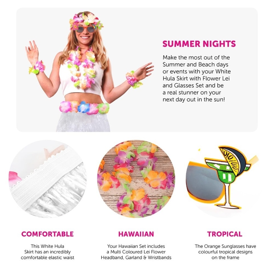 image 1 of White Hula Skirt with Flower Lei & Glasses Set White | One Size
