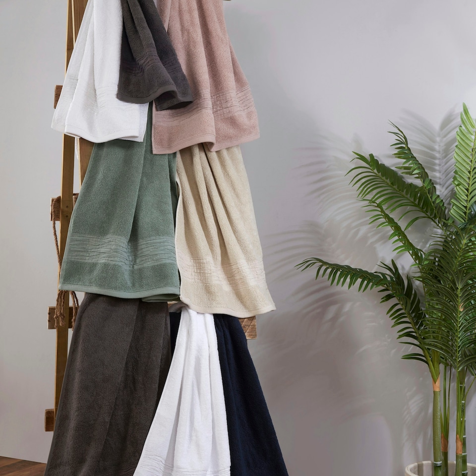image 1 of Martex 600gsm Turkish Cotton Towel With Linen Blend Insert Border Beige Bath Towel Cream