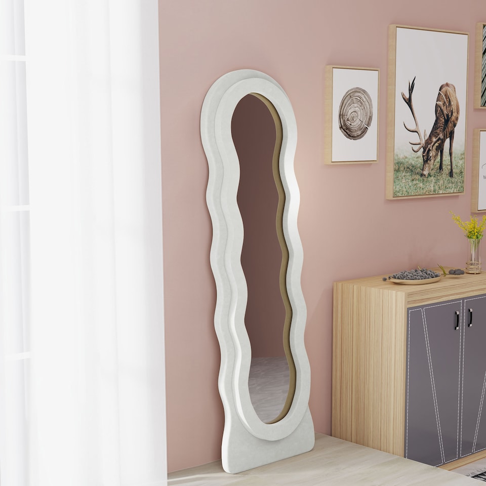 image 1 of HOMCOM Irregular Wavy Mirror Full Length, 160 x 50cm Free Standing, Leaning or Wall Mirror with Velvet Wrapped Frame and Arched Top for Living Room, Bedroom, White