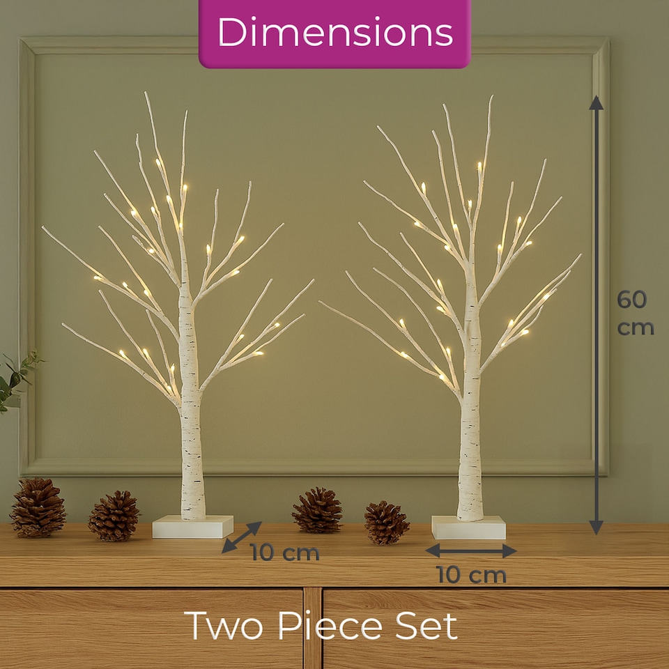image 1 of Neo Set of 2 LED Pre Lit Twig Tree Lights 60cm Birch Tree Lamp Warm White Lights Battery Operated Decorative Centrepiece Flexible Branches Christmas Wedding Bedroom Home Décor