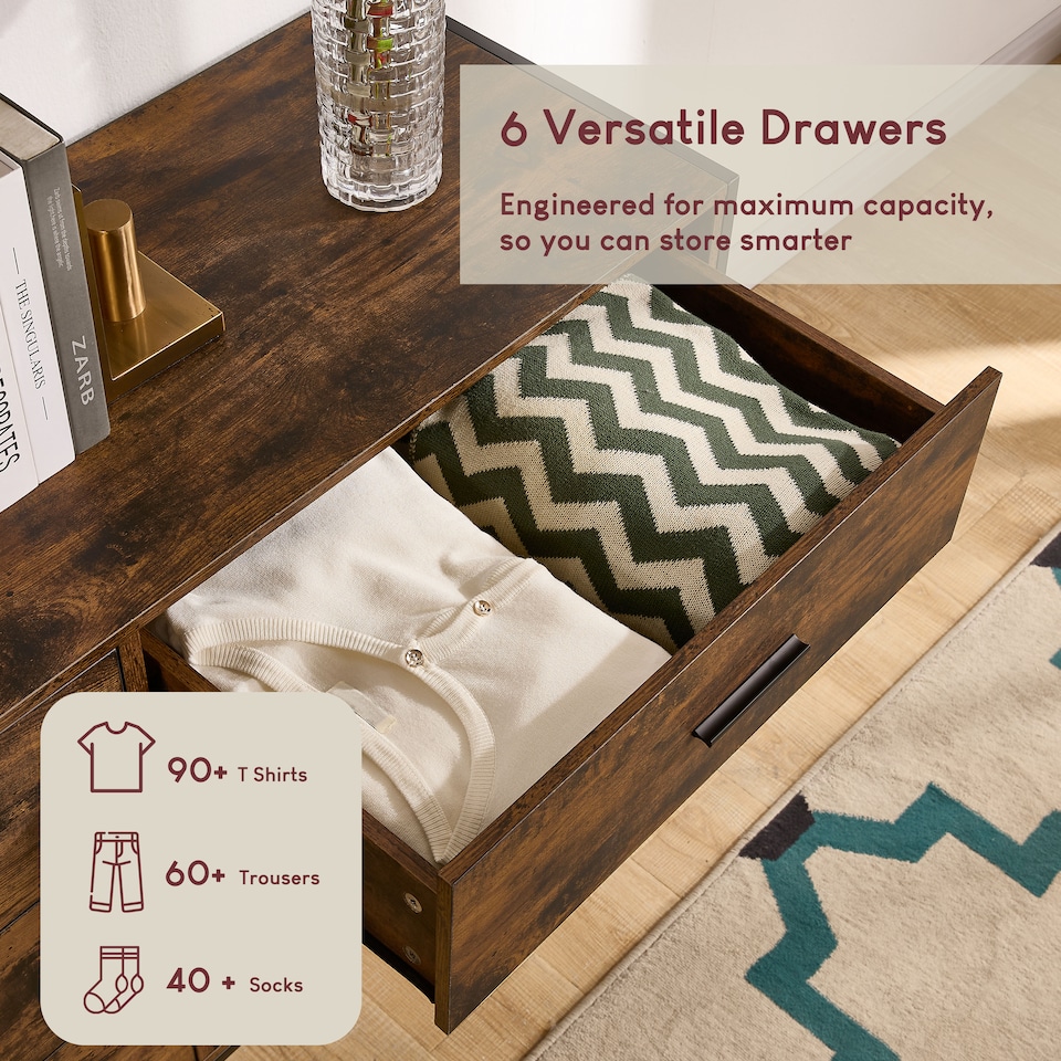 image 1 of Vida Designs Brooklyn 6 Drawer Chest of Drawers Industrial Bedroom Storage, Dark Wood