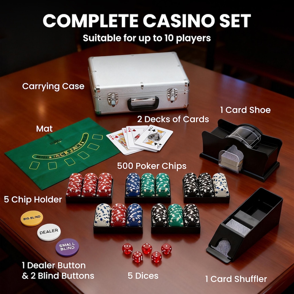 image 1 of SPORTNOW 500-Piece Texas Holdem Poker Chips Set with Card Shuffler and Shoe