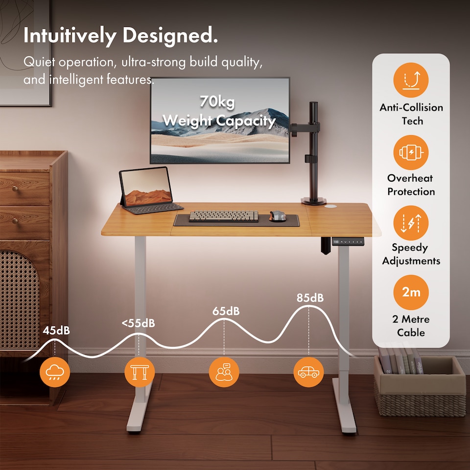 image 1 of Vonhaus Light Wood Maple Effect Electric Standing Desk 120x60cm
