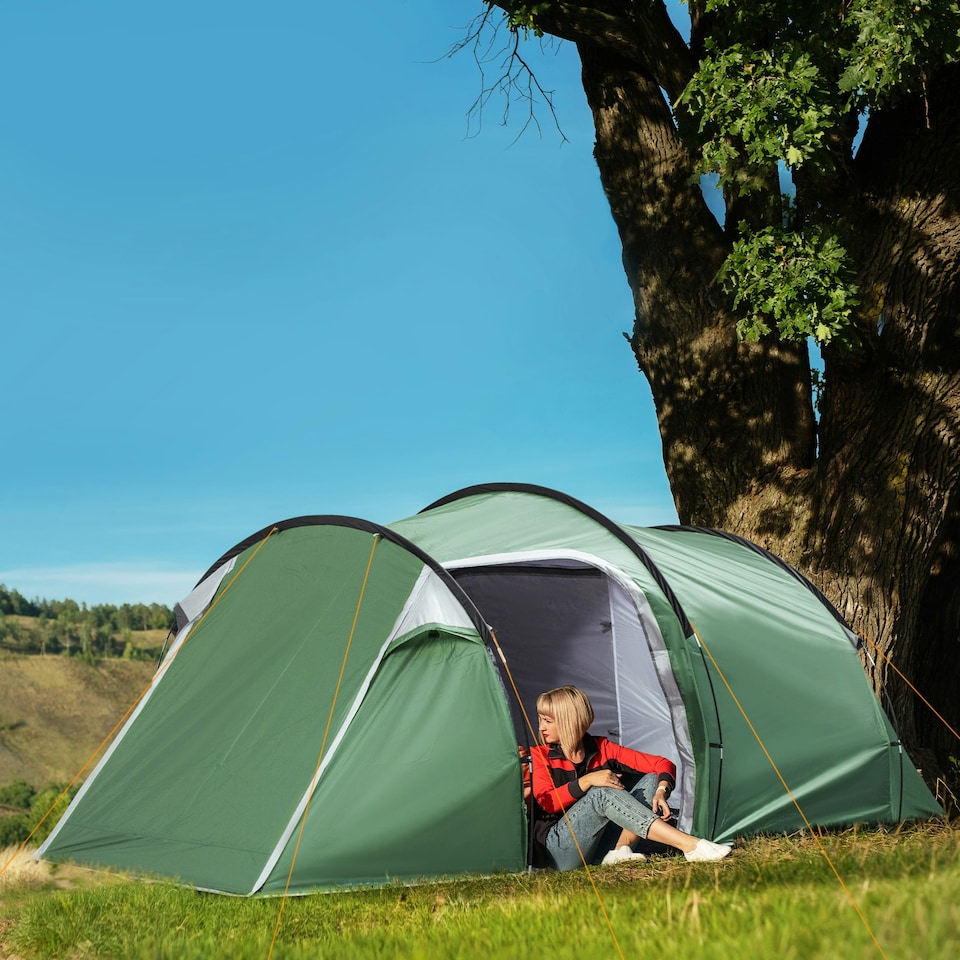 image 1 of Outsunny 3 Man Camping Tent with Porch and Weather-Resistant Rainfly, Green