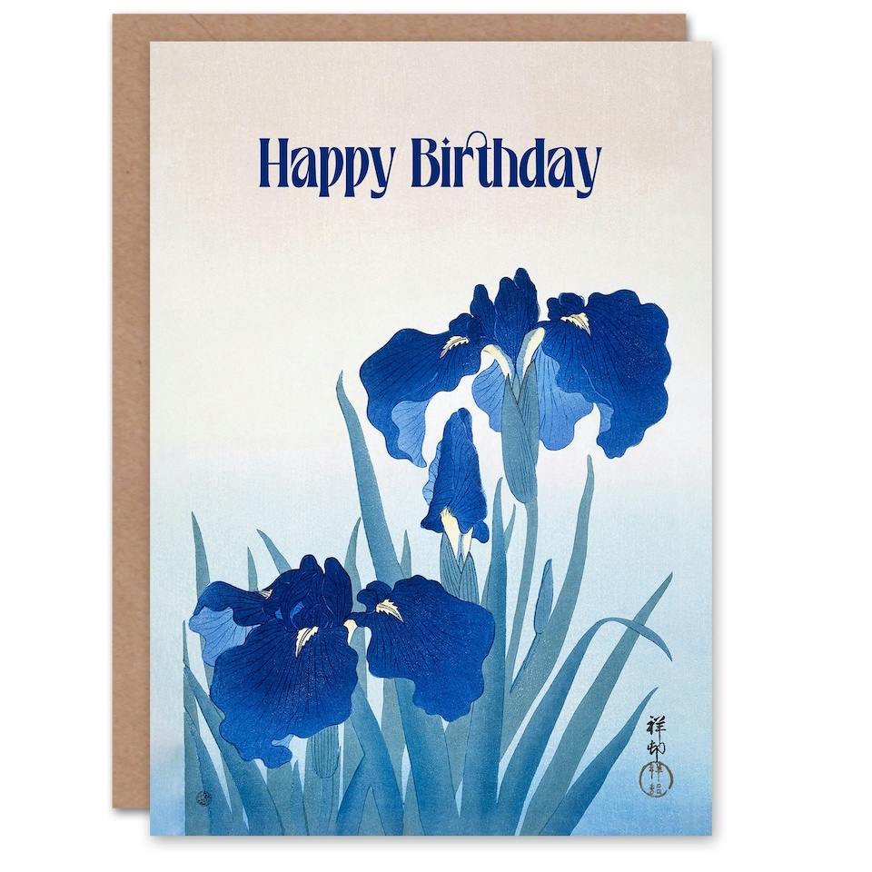 image 1 of Happy Birthday Ohara Koson Iris Flowers Vintage Birthday Card