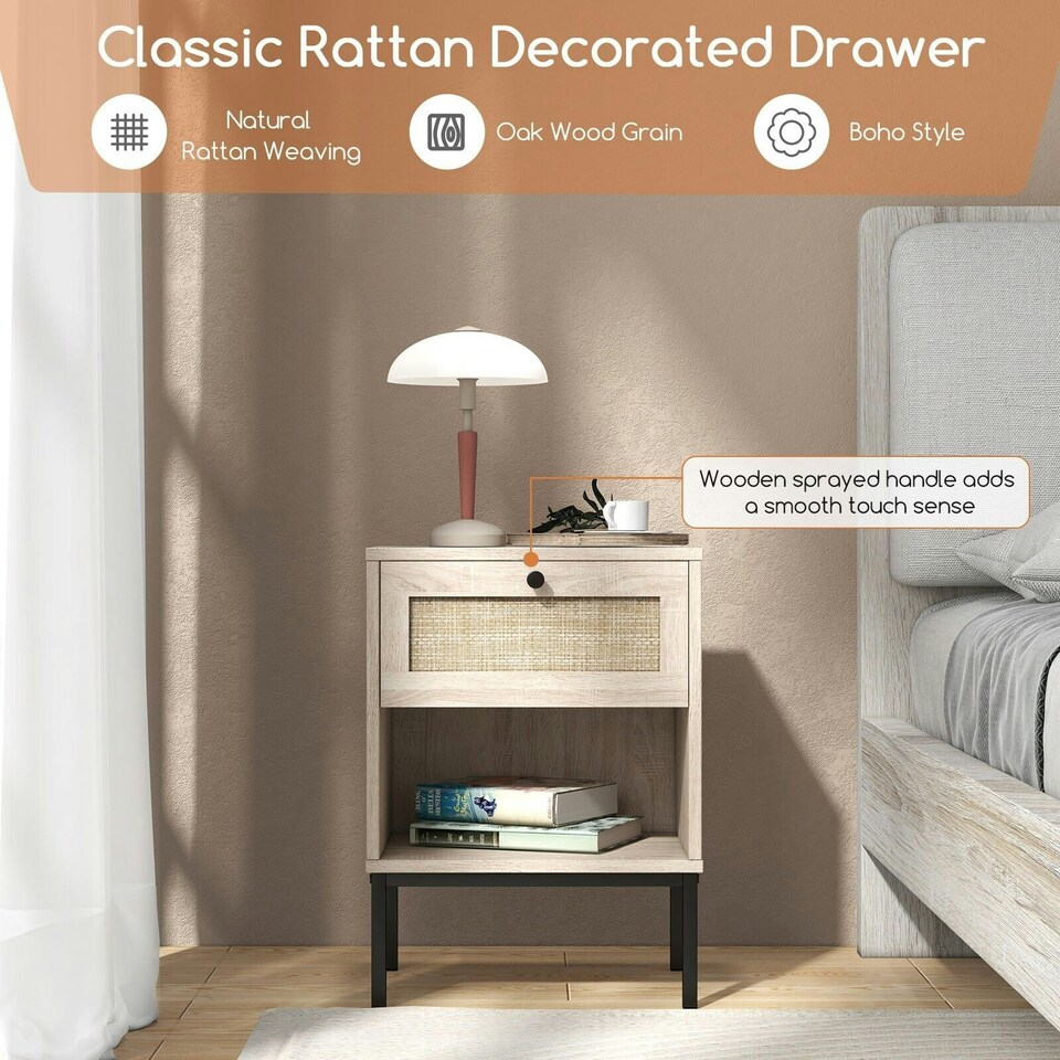 image 1 of COSTWAY 2-Tier Nightstand Bedside Table Wood Top Side Table Brown
