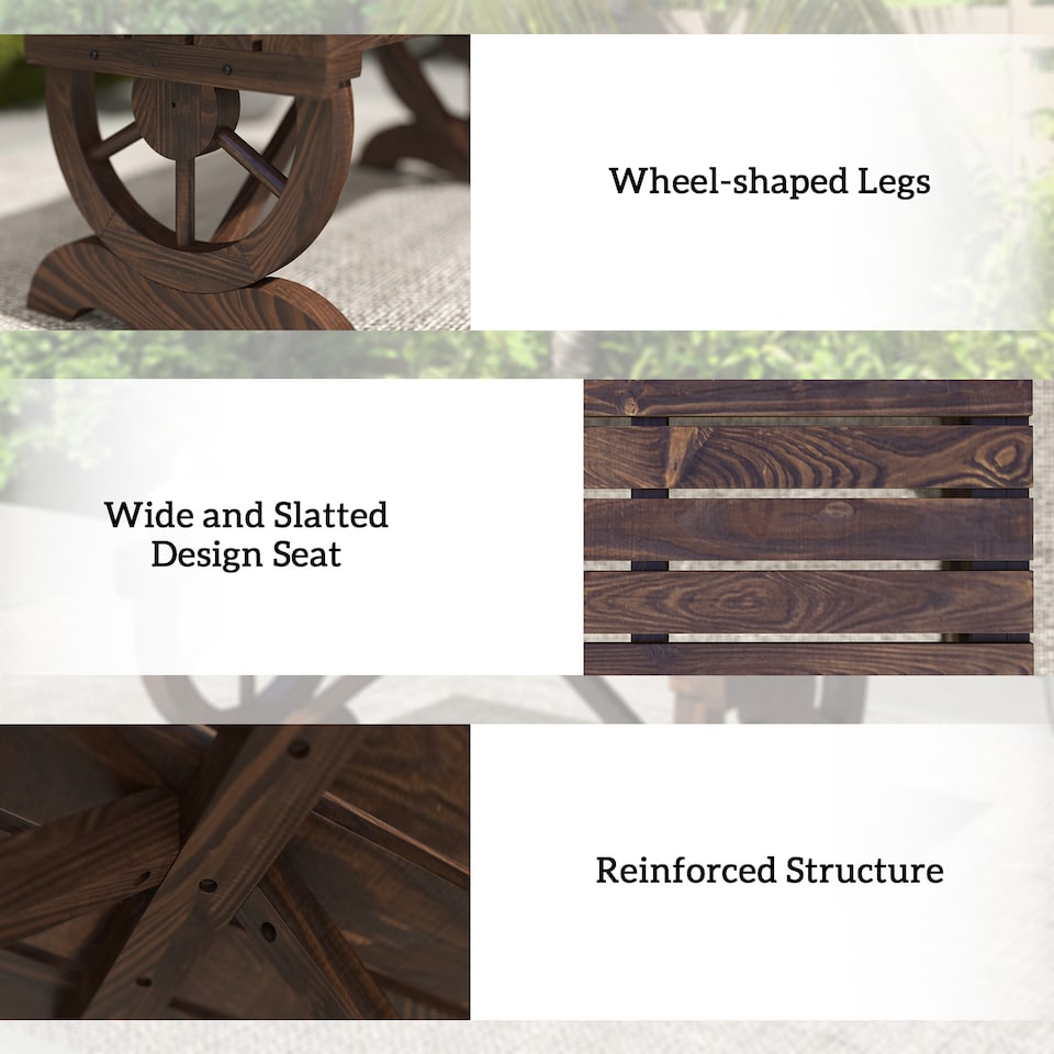 image 1 of Outsunny Wooden Wheel Bench Rustic Outdoor Patio Garden Seat 2-Person Brown | Brown