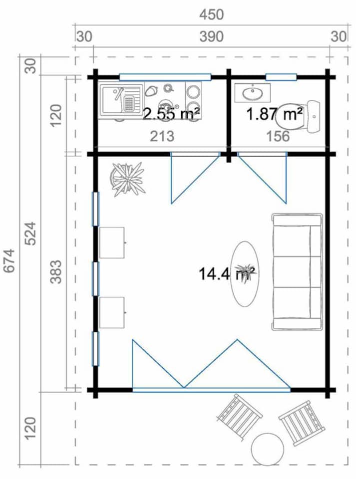 image 1 of Exeter 1-Log Cabin, Wooden Garden Room, Timber Summerhouse, Home Office - L450 x W674 x H240.99 cm | Brown
