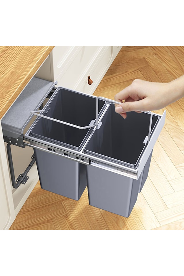 image 1 of Living and Home 40L Kitchen Double Pull-Out Trash Can Under Cabinet | Grey