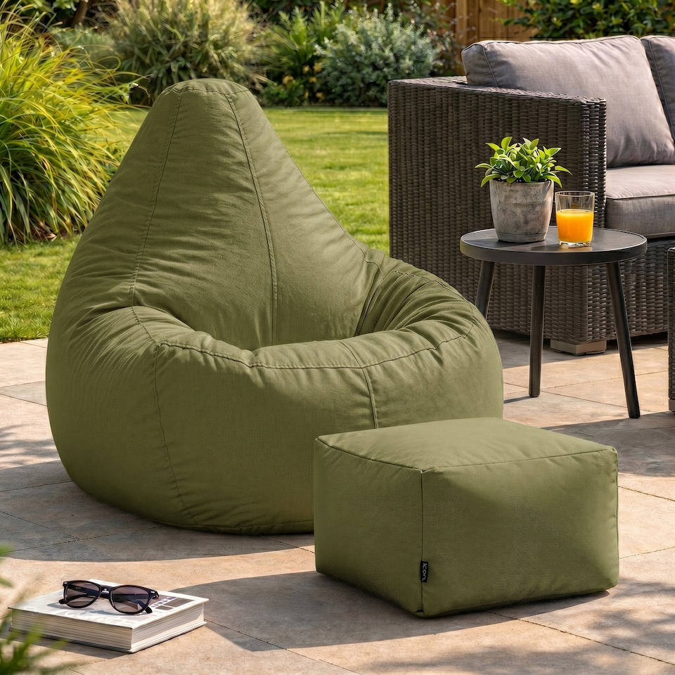 image 1 of Icon Dalton Adults High Back Indoor Outdoor Bean Bag Chair & Footstool Pouffe, Khaki