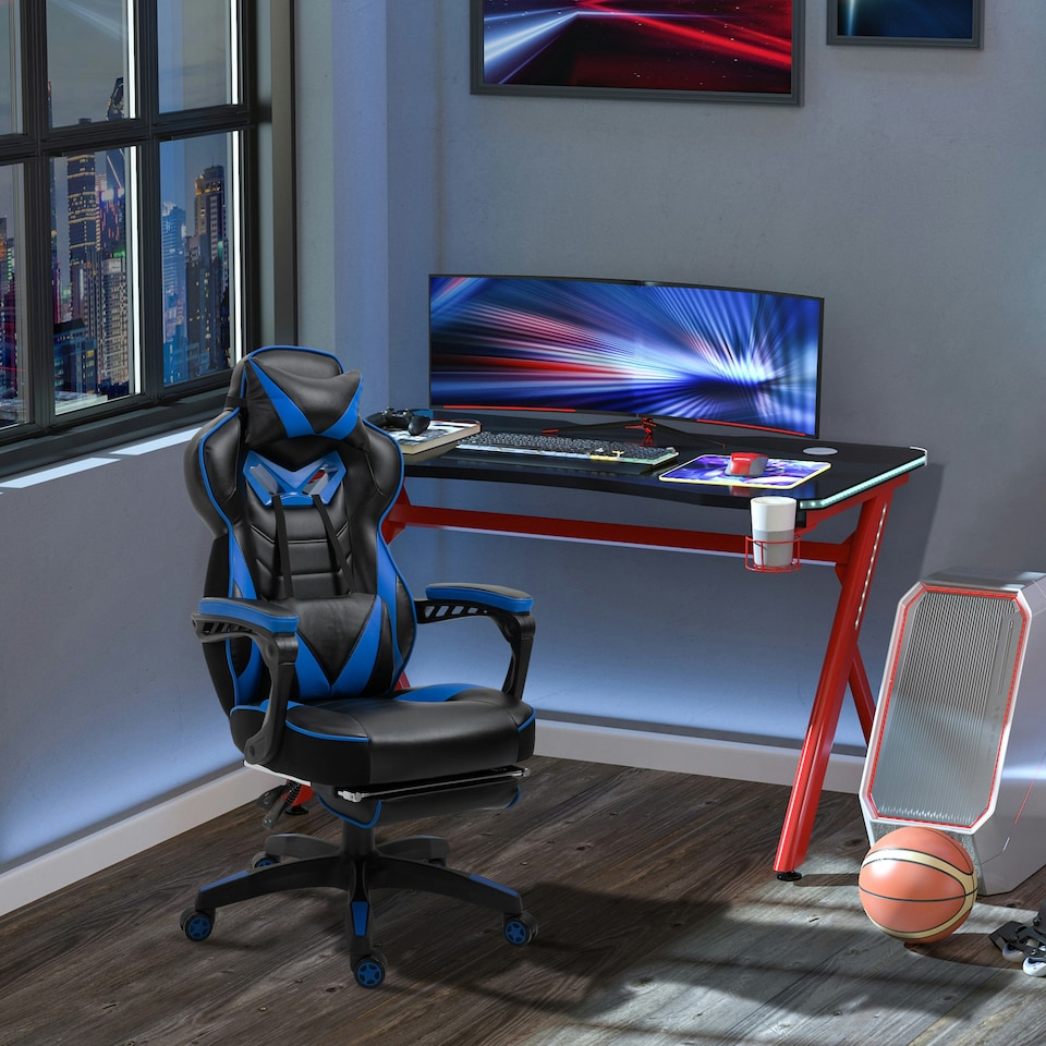 image 1 of Vinsetto Gaming Chair Ergonomic Reclining Manual Footrest Wheels Stylish Blue