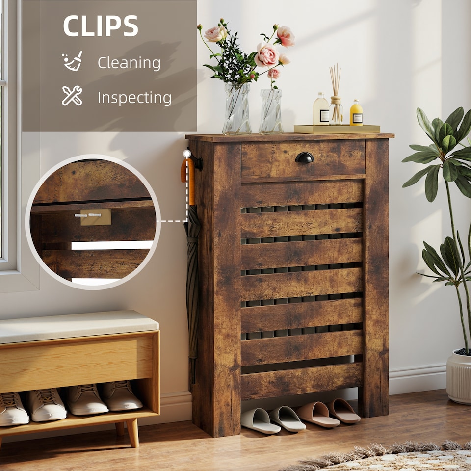 image 1 of HOMCOM Radiator Cover with Drawer, Horizontal Slat, 78cm | Brown | Rustic Brown | 78W x 19D x 95.5H cm