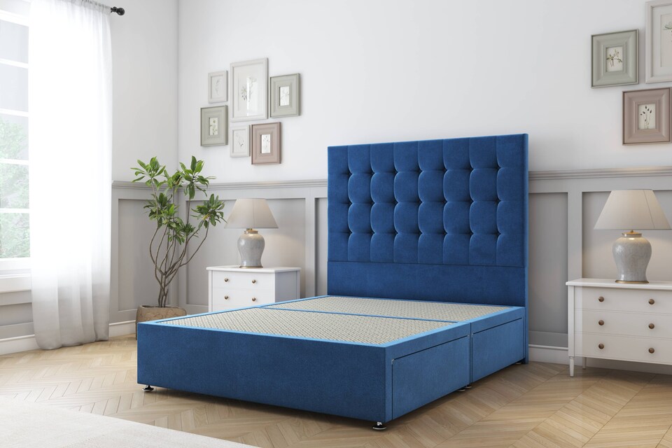 image 1 of Sloomy Alabama Navy Plush Divan Bed Base No Drawers With 54 Inch Floor Standing Headboard | Blue | Navy | Small Single | 1