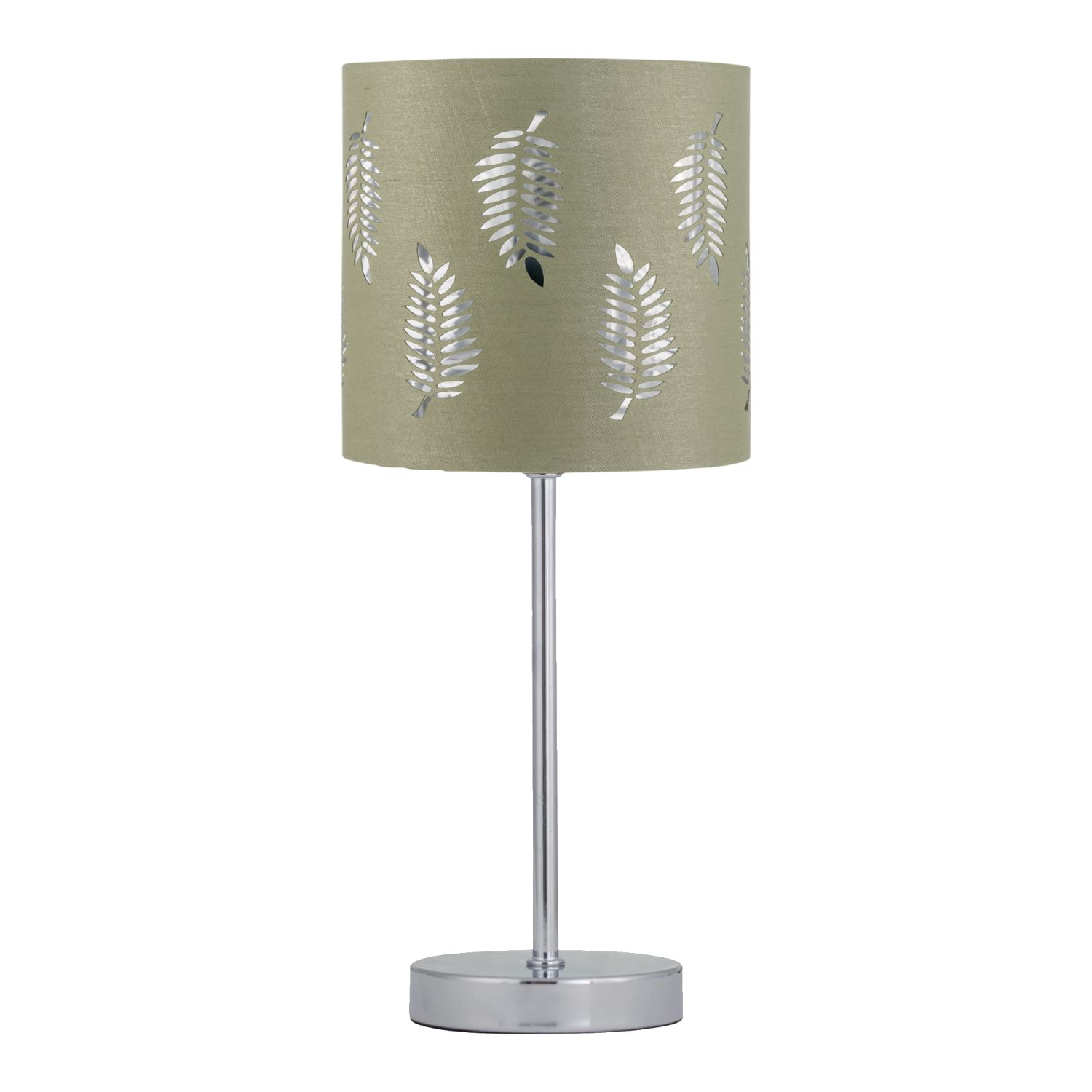 First Choice Lighting Chrome Stick Table Lamp with Sage Green Fern Shade in Silver