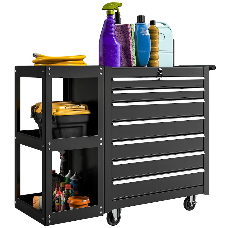 image 1 of HOMCOM 7 Drawer Lockable Steel Tool Chest on Wheels for Workshop, Black