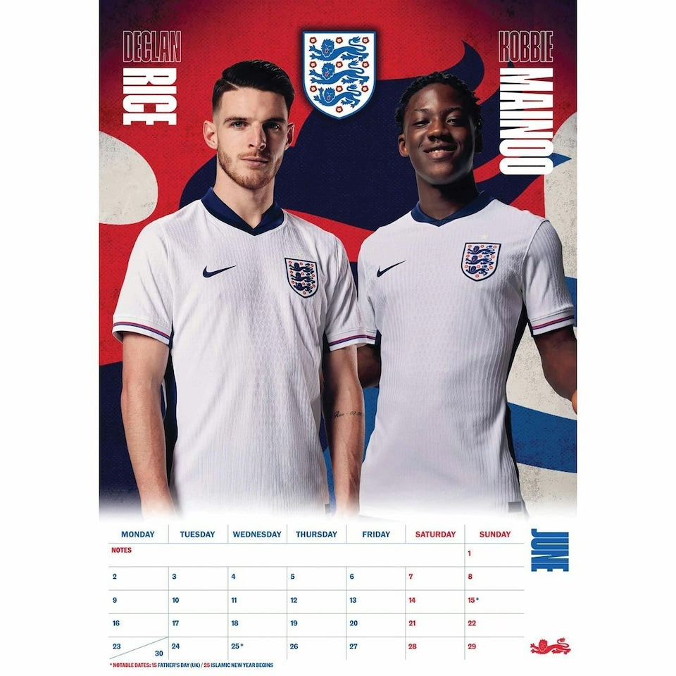 image 1 of England FA 2025 A3 Calendar - Red/Blue/White - One Size
