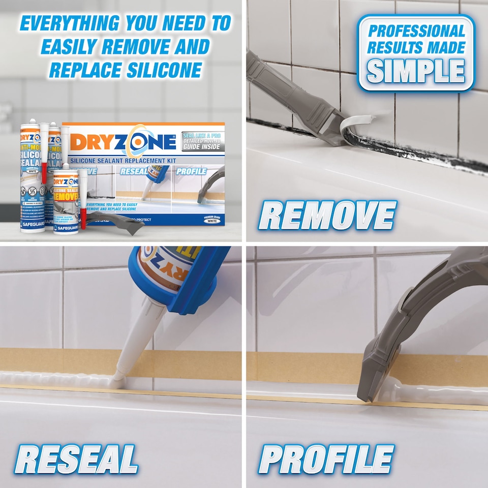image 1 of Dryzone Silicone Sealant Replacement Kit (Anti Mould) - Complete kit for Professional looking joints in Kitchen and Bathroom