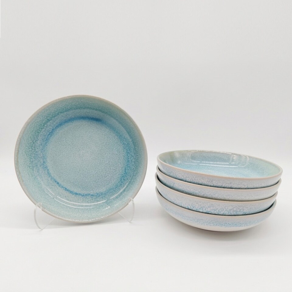 image 1 of Reactive Blue Glaze Dinnerware Salad Bowl 6pc Set 19.5cm