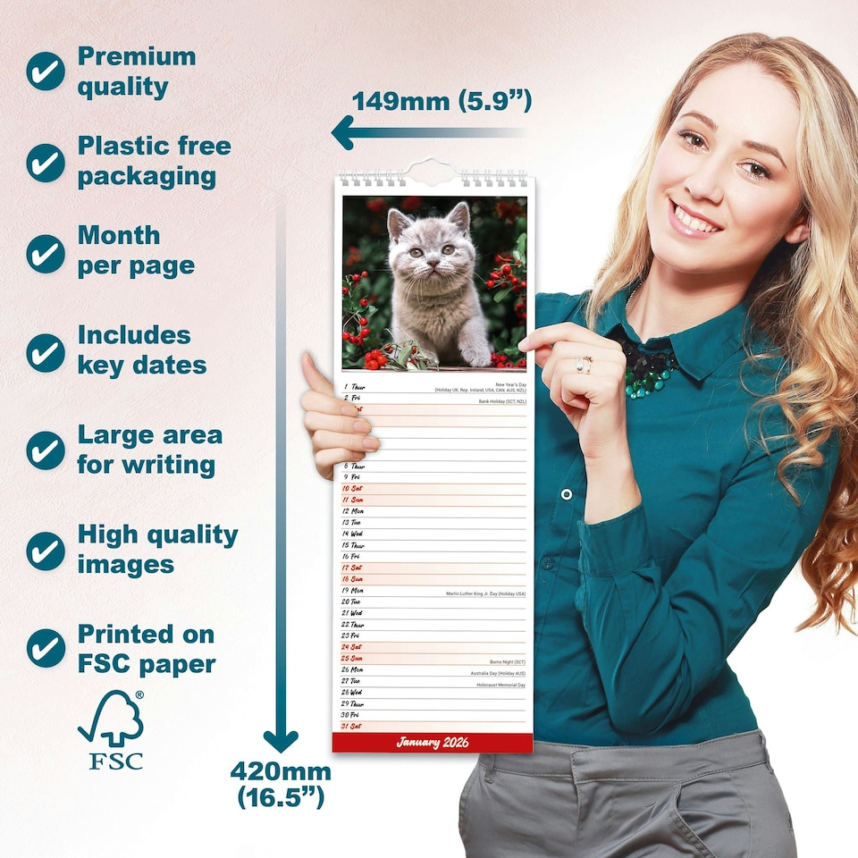 image 1 of Kittens Slim 2026 Calendar | Slimline Wall Calendar | Cat Gift | Plastic Free Packaging | by Avonside Publishing [Calendar] Avonside Publishing Ltd