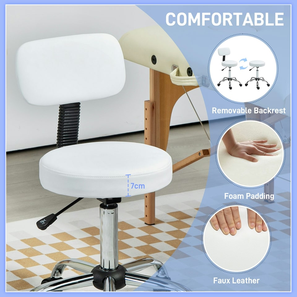 image 1 of HOMCOM Rolling Stool with Backrest, Wheels, Faux Leather Salon Chair, White Black