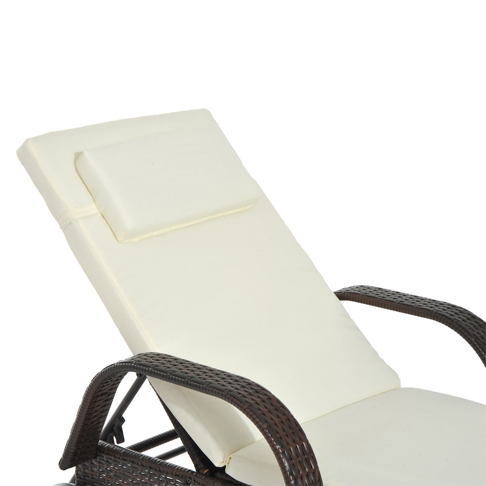 image 1 of Outsunny Rattan Sun Lounger, Garden Lounger Recliner with Wheels and Adjustable Backrest, Outdoor Reclining Sunbed Garden Chair with Cushion and Headrest for Patio, Beach, Terrace, Brown