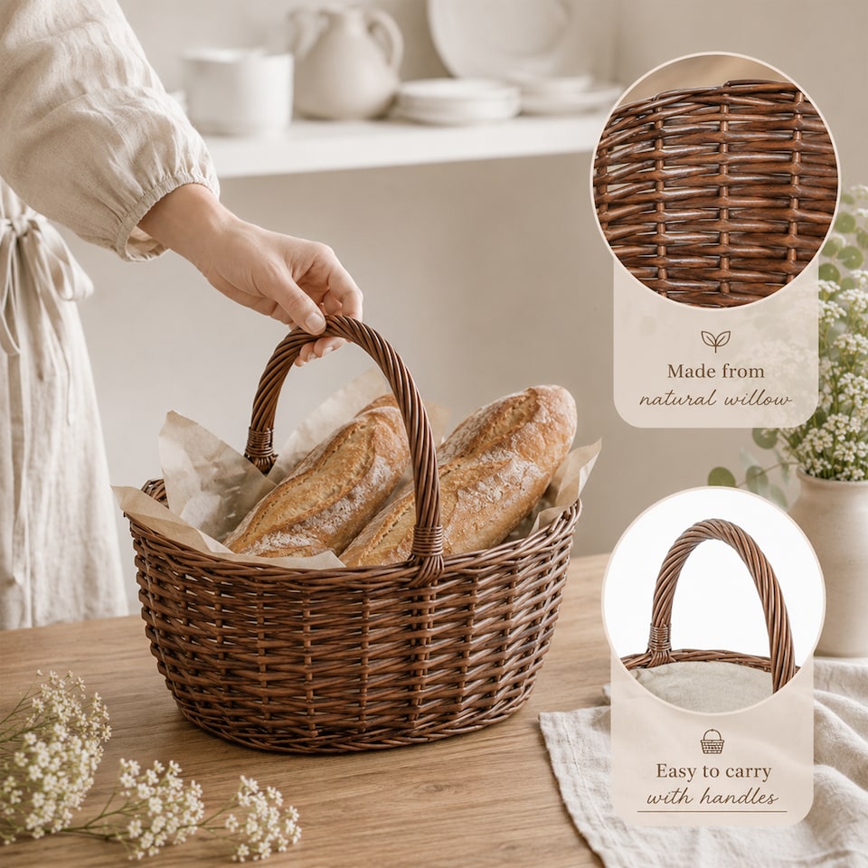 image 1 of Wickerfield Wicker Picnic Shopping Basket with Handle and Built-in Liner (Large)