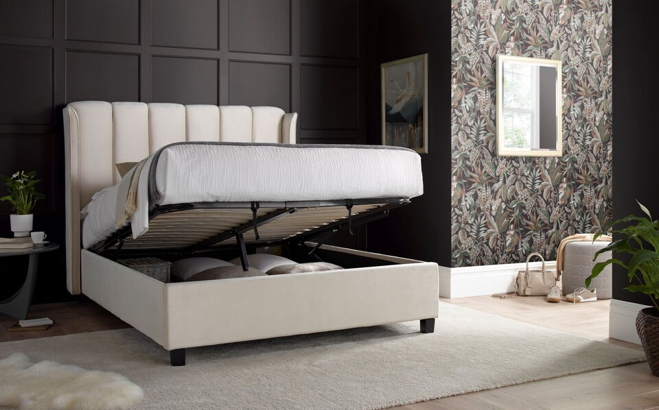 image 1 of 5ft King Size Ottoman,Velvet fabric upholstered,lift up,storage,tall winged bed frame. Gas lift up, Boutique Hotel style, tall headend board, wing back