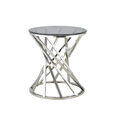 Round Metal Lamp Or Side Table With Tinted Glass Tempered Top In Silver