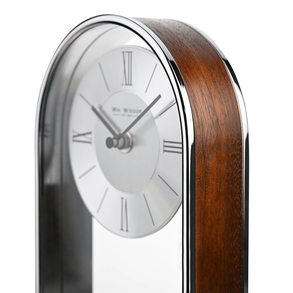 image 1 of Wm.Widdop Chrome & Wood Veneer Mantle Clock Chrome | Brown