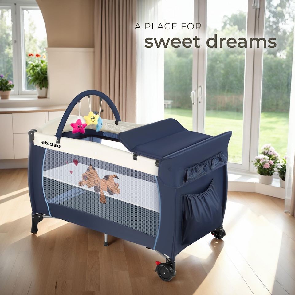 image 1 of Travel Cot Dog - foldable, with changing mat, for children up to 36 months | Blue | blue | 132 x 75 x 104 cm | 1