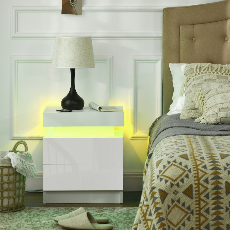 image 1 of HOMCOM High Gloss Bedside Table with LED Light and 2 Drawers, White