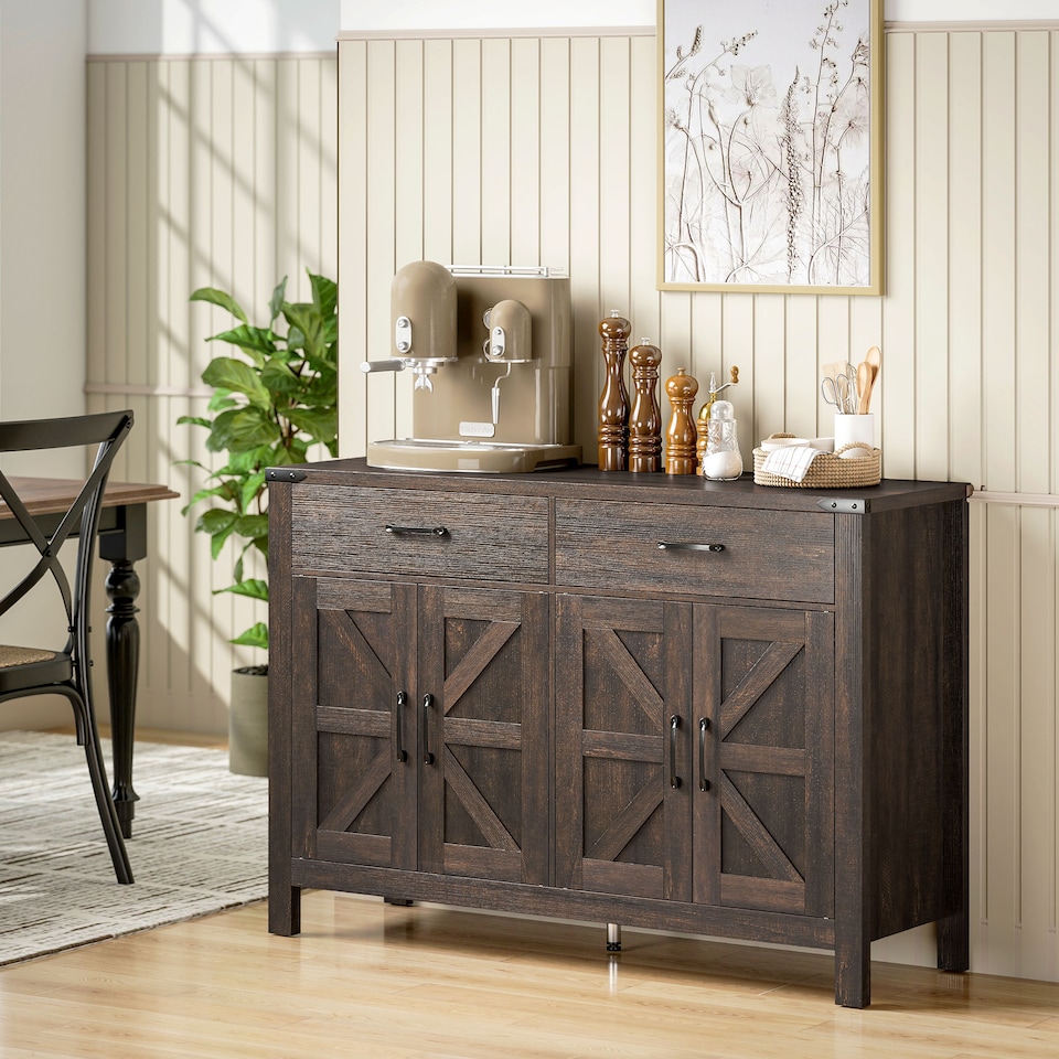 image 1 of HOMCOM Kitchen Cupboard with 4 Doors, 2 Drawers and 2 Shelves, Dark Brown