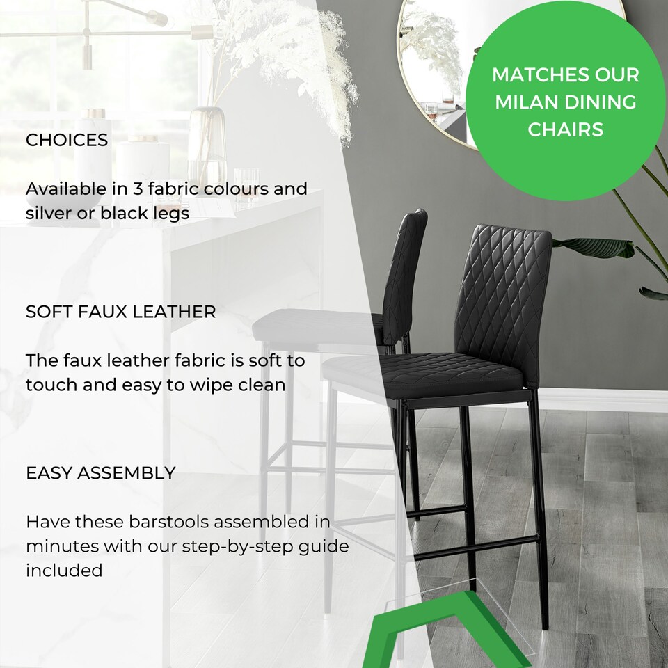 image 1 of Furniturebox 2x Milan Black Leather Black Leg Bar Stools