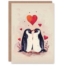 Cute Penguin Couple Love Hearts Romantic Arty Birthday Card