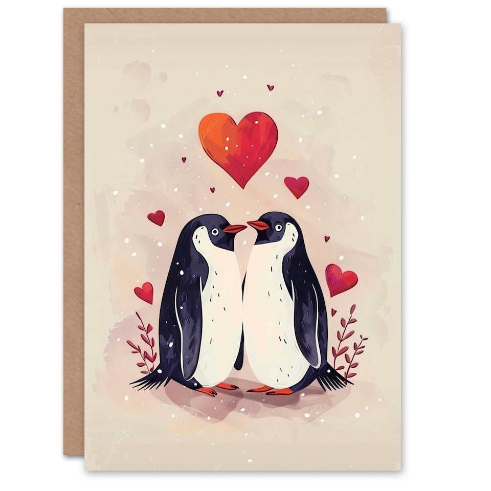 image 1 of Cute Penguin Couple Love Hearts Romantic Arty Birthday Card