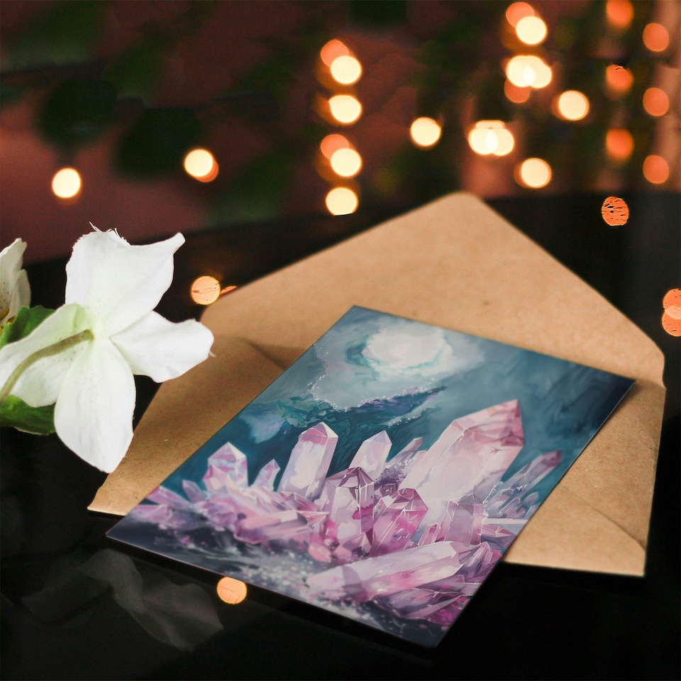 image 1 of Rose Quartz Crystal Pink Mystical Landscape Birthday Card