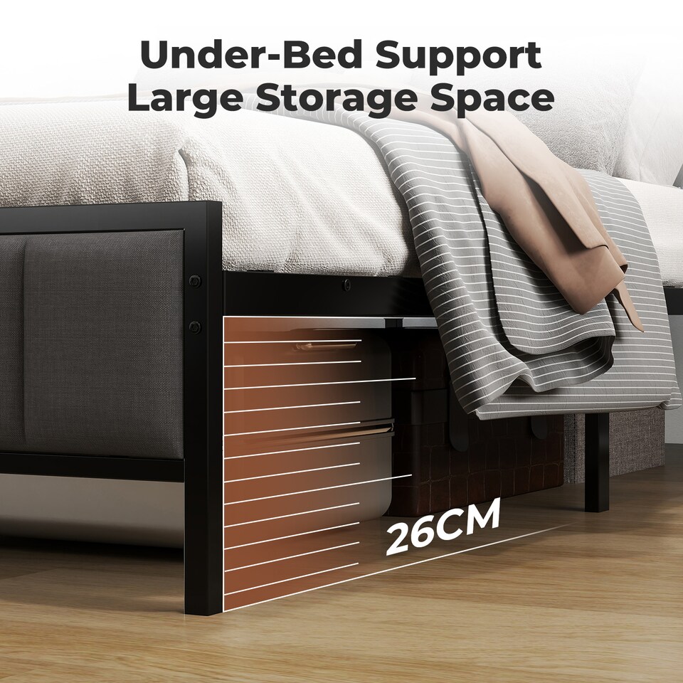 image 1 of Levede Single Bed Frame Upholstered Headboard Metal Base LED USB Lights | Grey | Single | Single