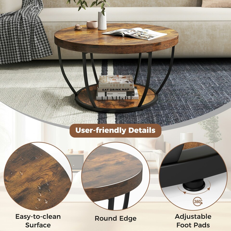 image 1 of COSTWAY 2-Tier Round Coffee Table 80cm Tea Cocktail Table Brown