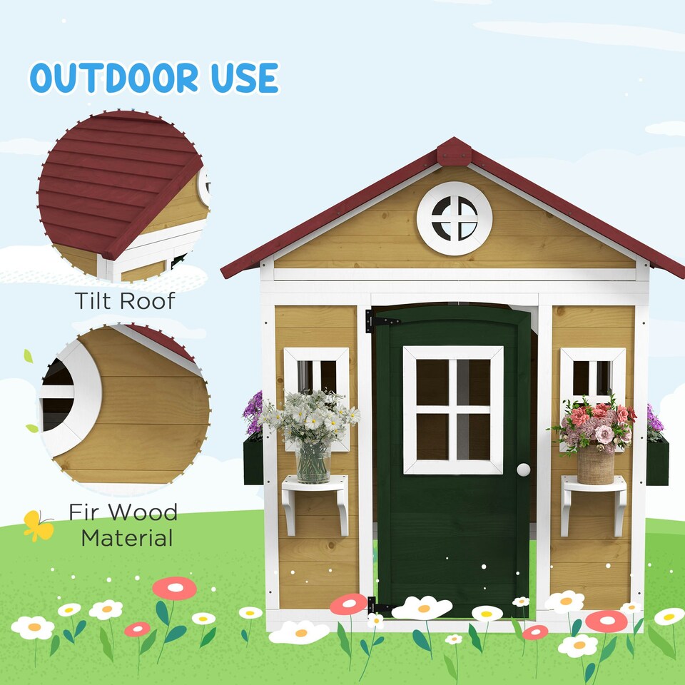 image 1 of Outsunny Wooden Playhouse with Doors, Wooden, Plant Pots for Kids - Beige