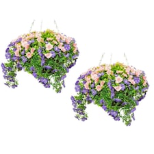 Primrose Artificial Petunia Flowers Rattan Hanging Basket Purple Pink 30cm