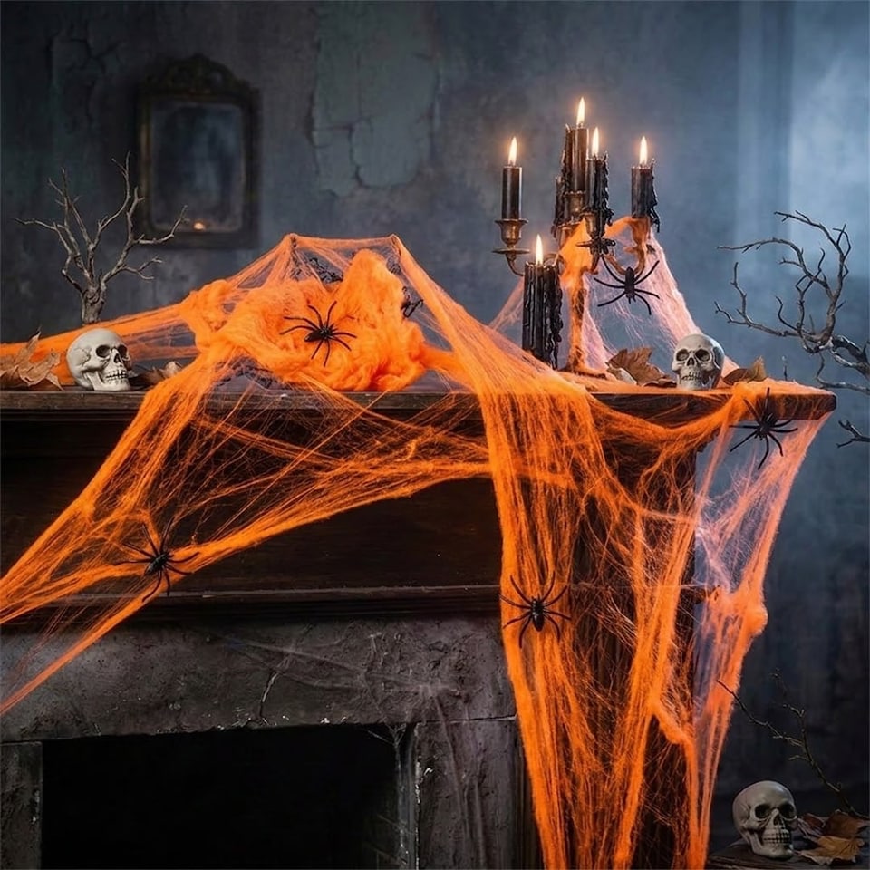 image 1 of Neon Orange UV Blacklight Cobweb with Plastic Spiders Halloween Decoration 60g