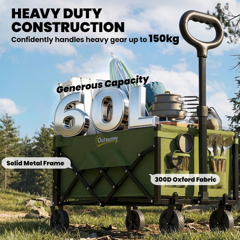 image 1 of Outsunny 60L Festival Trolley on Wheels, Collapsible Wagon Cart | Green | Army Green | 71 x 45 x 86 cm