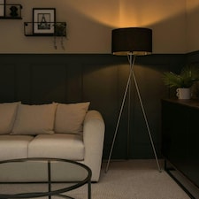 ValueLights Camden Brushed Chrome Tripod Floor Lamp Black Shade & Bulb Black