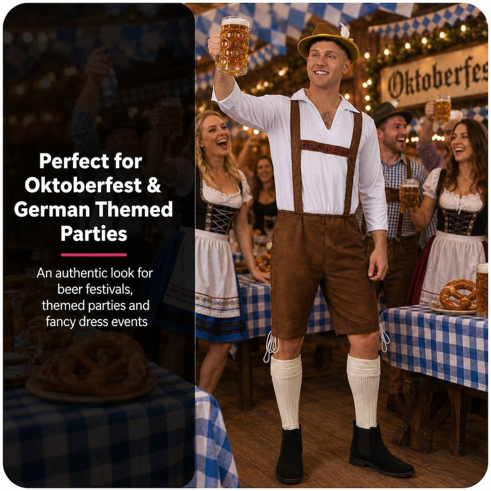 image 1 of Mens Brown Bavarian Oktoberfest Costume Set with Hat and Socks