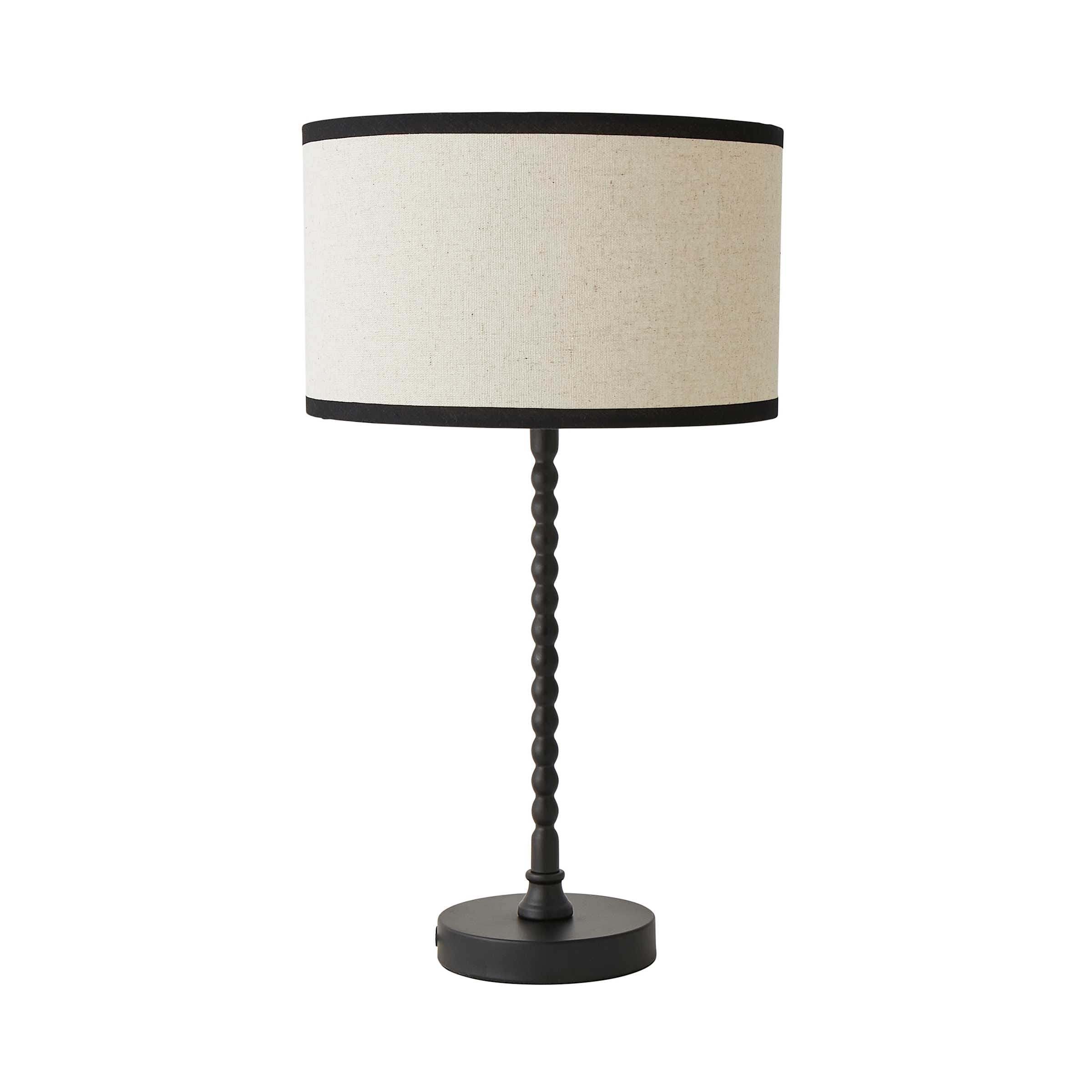 ValueLights Maeve Natural Linen Black Trim Drum Shade Matte Black Bobbin Table Lamp & Bulb
