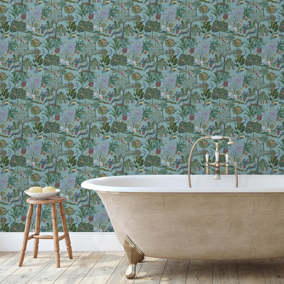 image 1 of Grandeco Exotic Garden Teal Wallpaper Birds Botanical Paste The Paper Exclusive