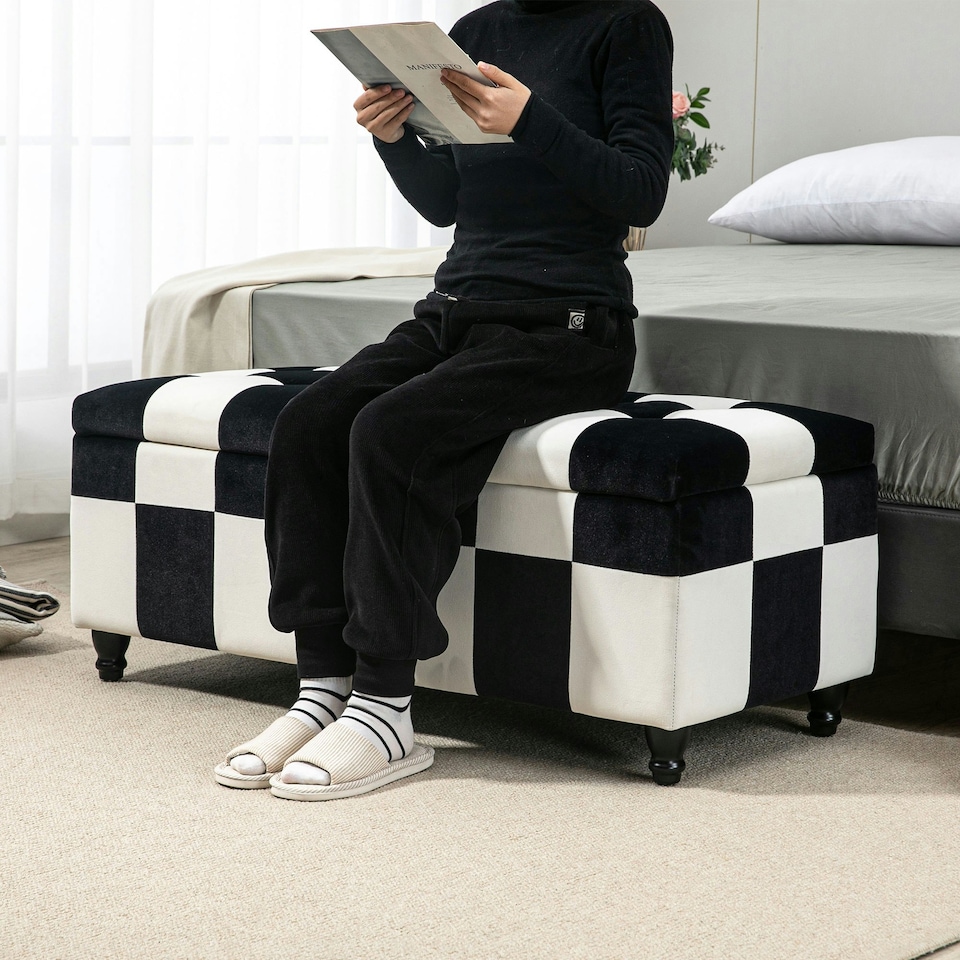 image 1 of HOMCOM 114 x 47 x 47cm Velvet Storage Ottoman, Button-tufted Footstool Box