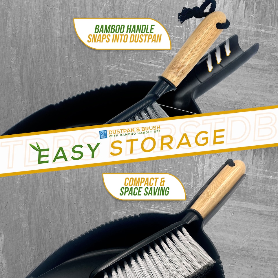 image 1 of Bamboo Handled Black Dustpan and Brush Set