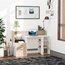 HOMCOM Computer Desk with Drawers and Storage Shelves, Office Desk Writing Table with Printer Stand, Large Workstation for Study Play Work Home Office, 137 x 55 x 92cm, Oak