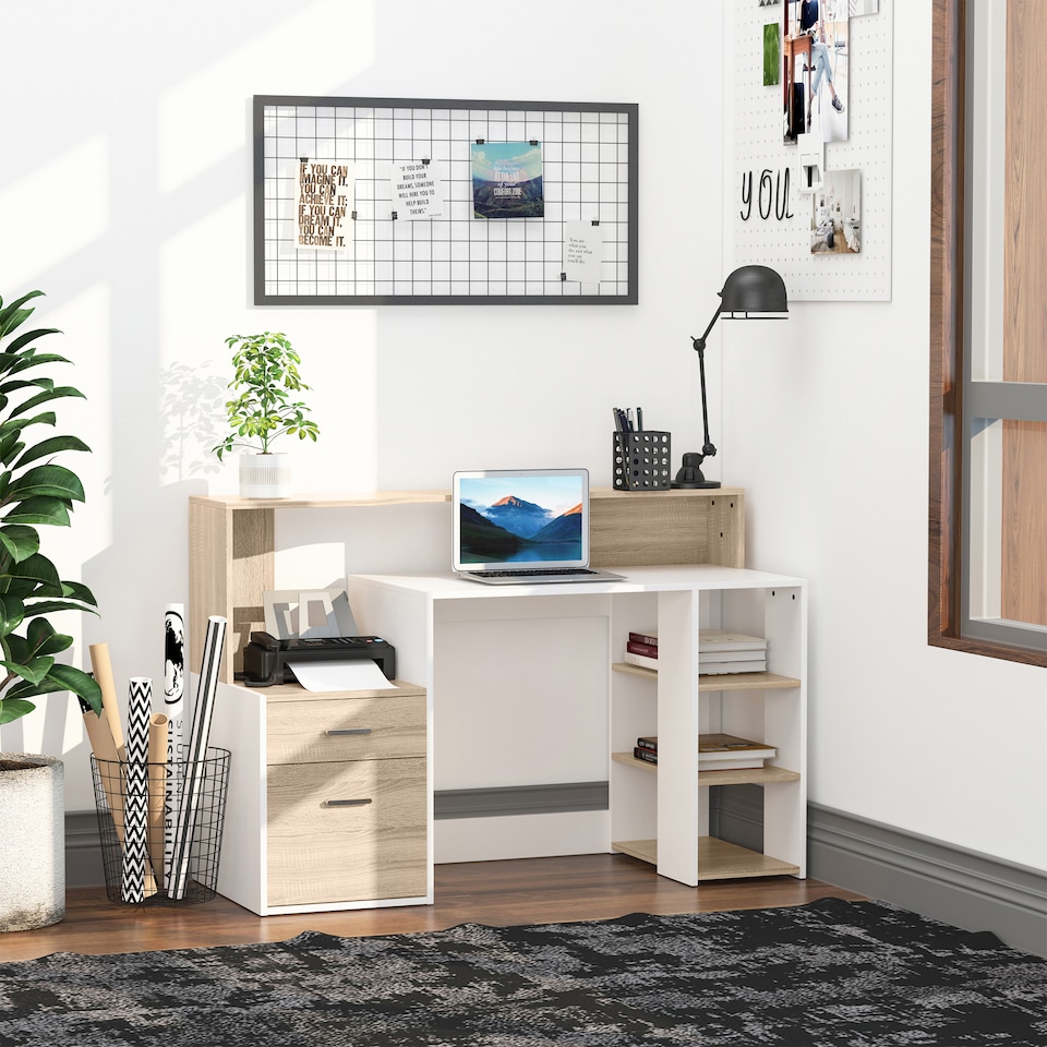 image 1 of HOMCOM Computer Desk with Drawers and Storage Shelves, Office Desk Writing Table with Printer Stand, Large Workstation for Study Play Work Home Office, 137 x 55 x 92cm, Oak